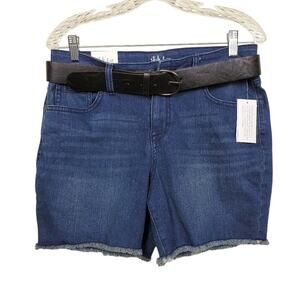 Style & Co Belted Denim Shorts Blue Dark Wash Women Size 6 Mid Rise Raw Hem NWT